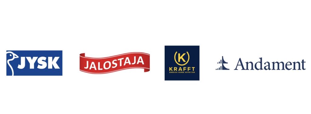 Jysk, Jalostaja, Kraft ja Andament -logot.